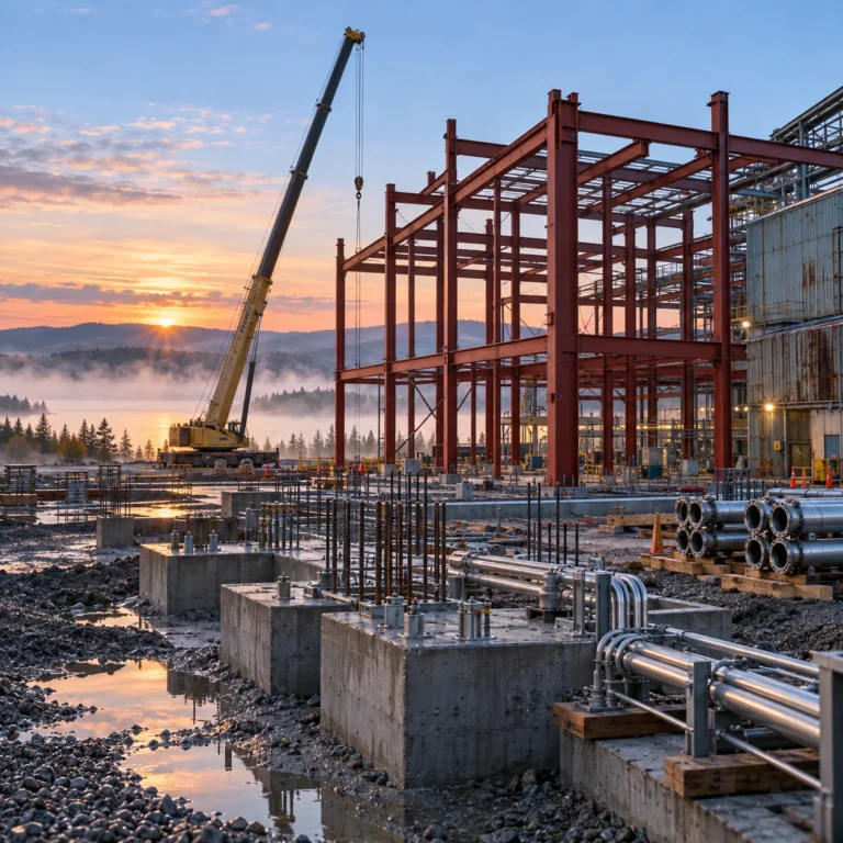 A cobalt sulfate refinery under construction at an industrial site in northern Ontario, with steel framing, process tanks and piping beside a boreal forest and lake.